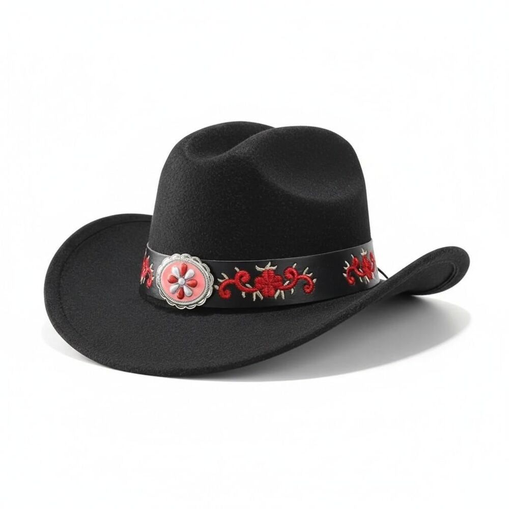 Black Cowboy Hat Red Floral Embroidered Western Cowgirl Hat